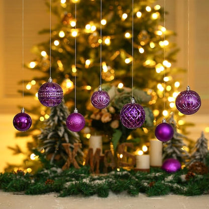 Purple Christmas Ball Ornaments Christmas Tree Decorations with Hang Rope-36pcs Shatterproof Christmas Ornaments Set with 6 Styles in 3 Sizes(Small Medium Large)