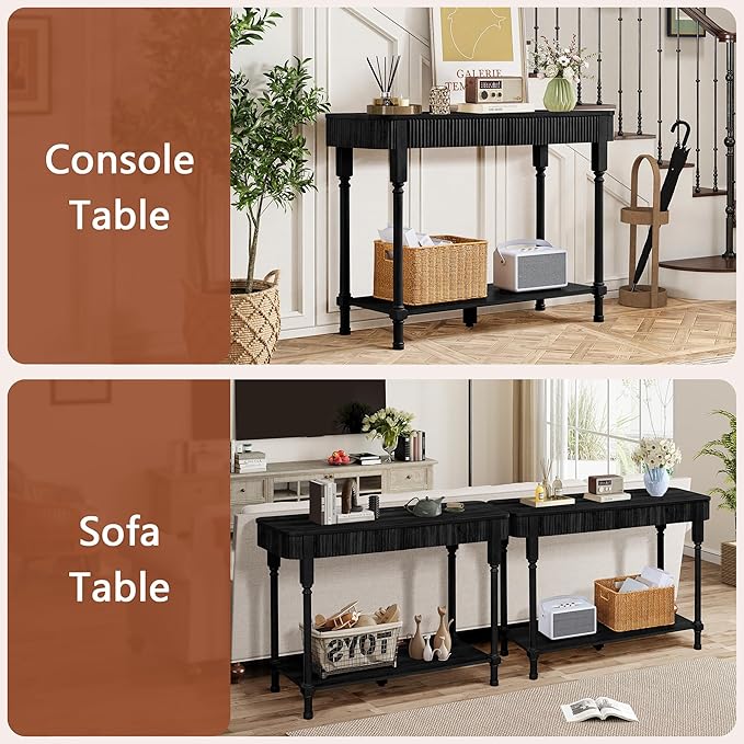43.3'' Fluted Console Table for Entryway, Narrow Entryway Tables with 2 Wooden Drawers, Retro Sofa Table Behind Couch Accent Tables for Foyer, Living Room, Hallway (Black)