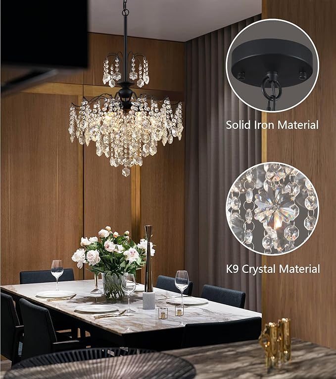 Q&S Crystal Chandelier for Dining Room,Modern Black Crystal Pendant Light,6 Lights for Kitchen Island Entryway Bathroom Office Bar UL Listed