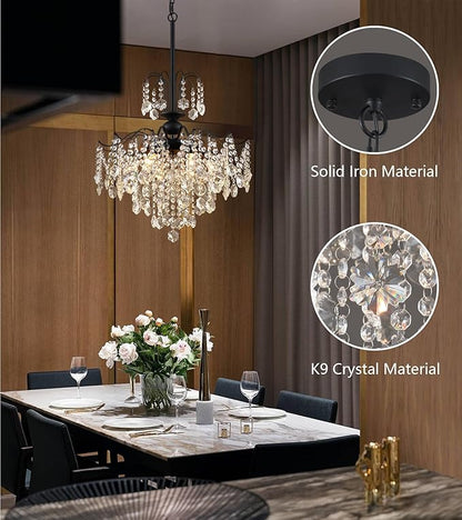 Q&S Crystal Chandelier for Dining Room,Modern Black Crystal Pendant Light,6 Lights for Kitchen Island Entryway Bathroom Office Bar UL Listed