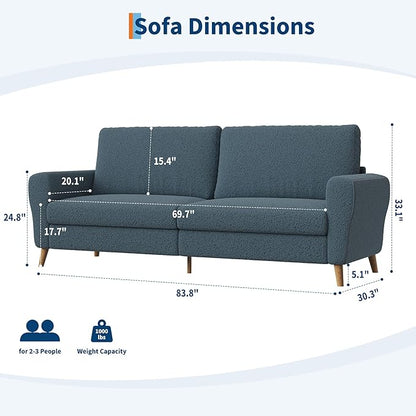 GarveeHome 84" Sofa, 3 Seater Couch for Living Room, Modern Loveseat, Boucle Sofa with Deep Seats, Wide Armrests, Wood Legs, Easy Assembly, Upholstered Comfy Sofa for Bedroom Office, Dark Blue