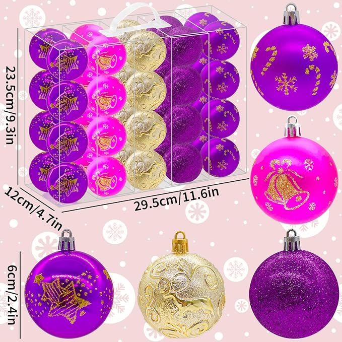 40PCS 2.36" Christmas Balls Ornaments, Plastic Christmas Tree Ornaments, Holiday Baubles, Hanging Decorations for Xmas Trees Holiday Party, Purple Gold Baubles