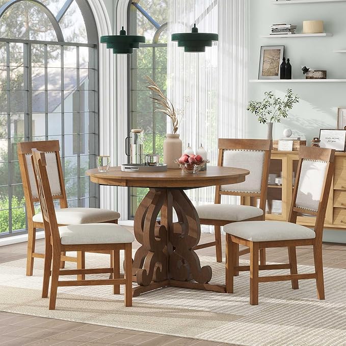 Merax Round Solid Wood Dining Table Set for 4, Farmhouse Kitchen Table Set with 4 Upholstered Chairs, 5-Piece Table and Chairs Set for Kitchen, Dining Room, Living Room, Walnut