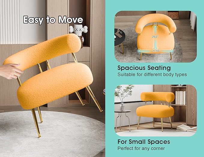 Mid Century Sherpa Boucle Accent Chair, Round Upholstered Barrel Arm Chair for Small Spaces, Fluffy Side Corner Chair for Living Room, Bedroom, Vanity, Office, Reading Nook(Yellow)