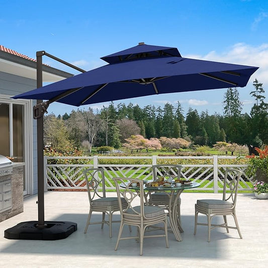 10' X 10' Cantilever Patio Umbrella Outdoor with Base Included Heavy Duty Double Top Windproof Square Offset Umbrellas with 360-degree Rotation for Pool Deck Backyard, Navy