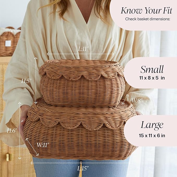 BEBE BASK The Original Scalloped Basket Set Of 2 - Small Scallop Basket - 15 x 10 x 6 In - Hand-Woven & Award-Winning - Elegant Wicker With Scalloped Edge Lid - Nursery Storage - (Mocca)