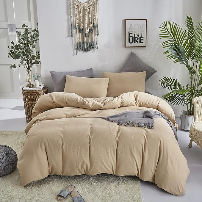 Pureant Beige Comforter Set Full Solid Champagne Bedding Comforter Sets Light Brown Full Comforter for Women Men Khaki Comforter Plain Taupe Full Size Comforter Sets Soft Breanthable Tan Sand Color