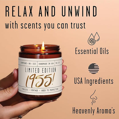 70th Birthday Gifts for Women - 'Limited Edition 1955' Soy Candle, w/Champagne on Ice I Best Gifts for 70 Year Old Woman I 1955 Birthday Gifts for Women I 9oz Reusable Jar, 50Hr Burn, Made in USA