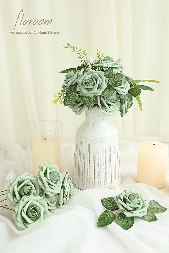 Floroom Artificial Flowers 25pcs Real Looking Elf Green Foam Fake Roses with Stems for DIY Wedding Bouquets Bridal Shower Centerpieces Sage Green Floral Arrangements Home Decorations