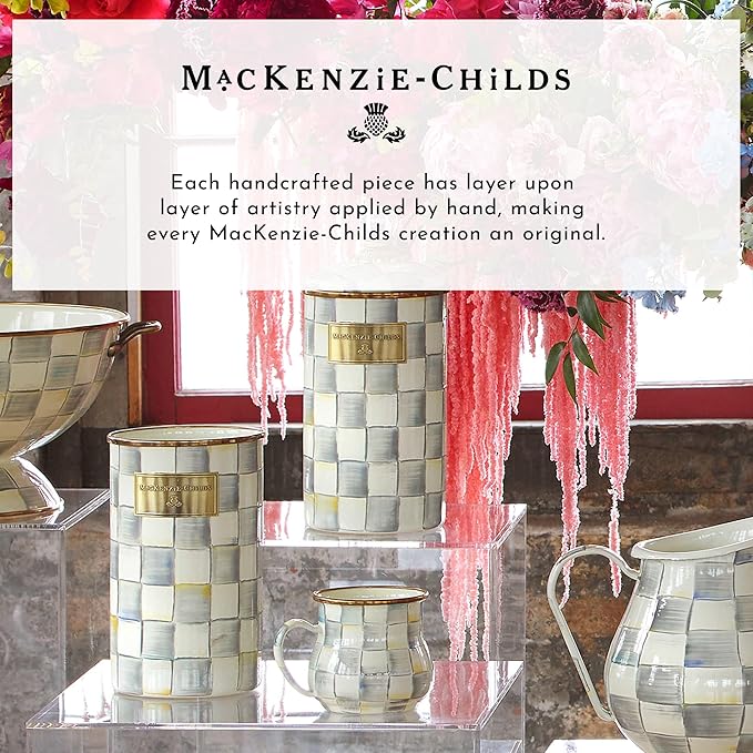 MACKENZIE-CHILDS Enamel Mug, Cute Enamelware Coffee and Tea Mug, Unique Drinkware, 16 Ounces, Gray-and-White Sterling Check, Set of 4