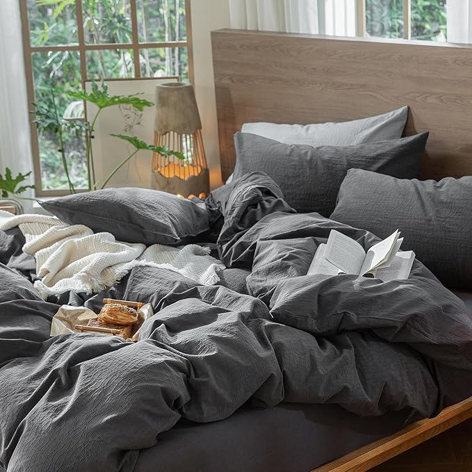 MooMee Wavy Striped Duvet Cover Set 100% Washed Cotton Linen Like Textured Breathable Durable Soft Comfy (Charocal Grey, Twin 68"x90")