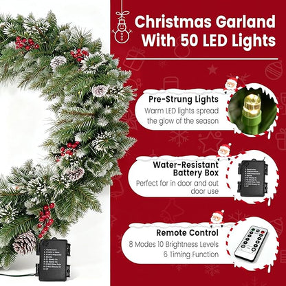 Guirnalda de Navidad de 9 pies con luz, Christmas conos de pino/bayas y luces LED multicolor preiluminadas (con control remoto), guirnalda de Navidad para chimenea, escaleras, puerta delantera