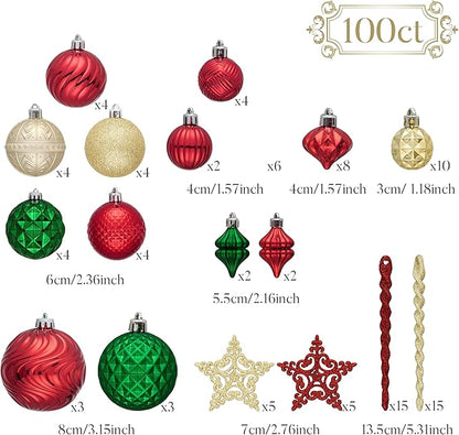 Valery Madelyn 100ct Christmas Tree Decorations Ball Ornament Set, Red Green Gold Shatterproof Hanging Ornaments Bulk for Xmas Holiday Party Decor