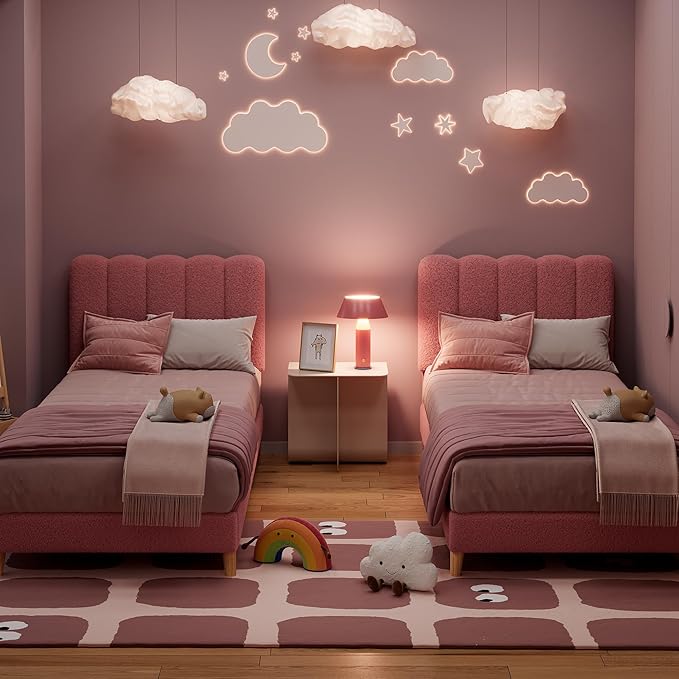 GarveeHome Twin XL Bed Frame, Boucle Upholstered Platform Bed with Wave Headboard for Girls/Kids, Easy Assembly, Wooden Slats Support, No Box Spring Needed, Light Pink