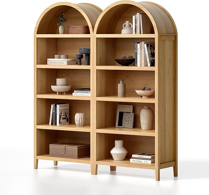 5 Tier Arched Bookshelf Set of 2, 71" Tall Bookcase with Adjustable Shelves Wood Storage Cabinet Freestanding Display Kitchen Pantry for Living Room Bedroom Home Office, Natural Oak