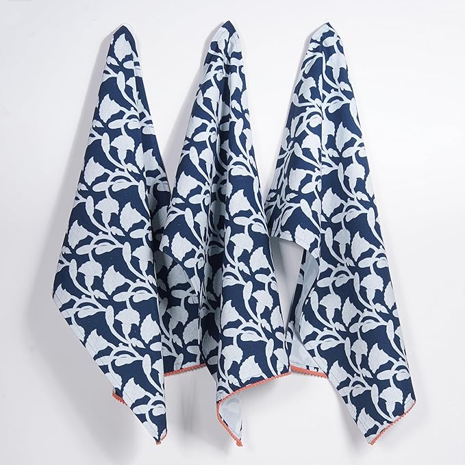TARAN LIVING Printed Kitchen Dish Bar and Tea Towels Cotton, 18x28 inch with Trims, Cotton Dish Towel Sets (Allover Blue, Set of 6)