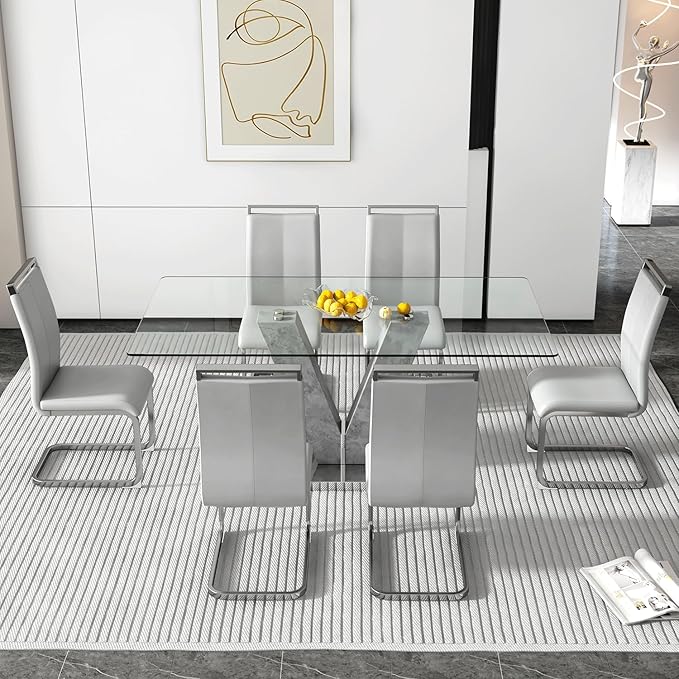 71" Glass Dining Table Set for 6, Kitchen Table and 6 PU Leather Chairs, Dining Table Set Ideal for Living Room