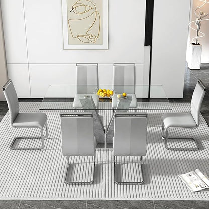 71" Glass Dining Table Set for 6, Kitchen Table and 6 PU Leather Chairs, Dining Table Set Ideal for Living Room