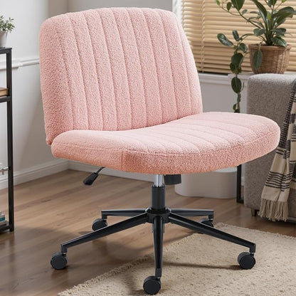 DUMOS Criss Cross Chair with Wheels, Wide Cross Legged Desk Vanity Chairs, Armless Adjustable Swivel Chairs for Home Computer Task, Teddy Pink
