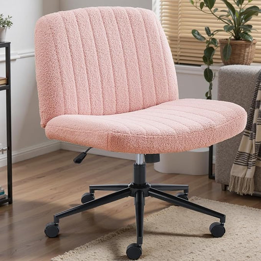 DUMOS Criss Cross Chair with Wheels, Wide Cross Legged Desk Vanity Chairs, Armless Adjustable Swivel Chairs for Home Computer Task, Teddy Pink