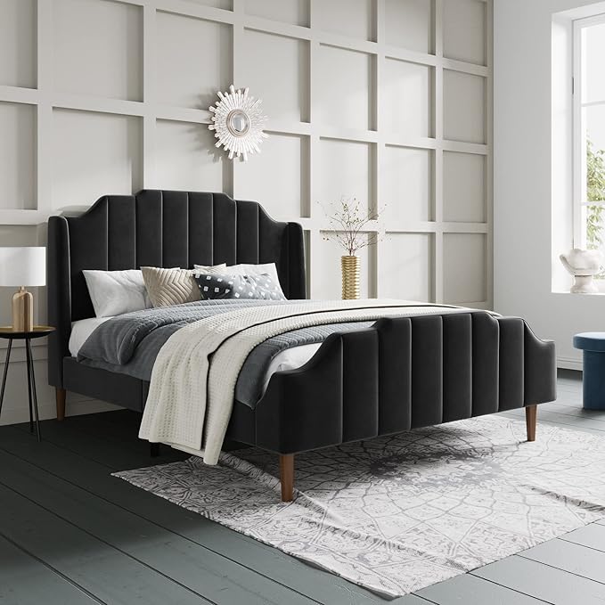 SHA CERLIN Upholstered Queen Size Bed Frame with Modern Curved Velvet Wingback Headboard, Heavy Duty Wood Platform Bed with Strong Wood Slat Support, No Box Spring Needed, Black