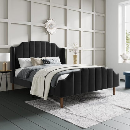 SHA CERLIN Upholstered Queen Size Bed Frame with Modern Curved Velvet Wingback Headboard, Heavy Duty Wood Platform Bed with Strong Wood Slat Support, No Box Spring Needed, Black