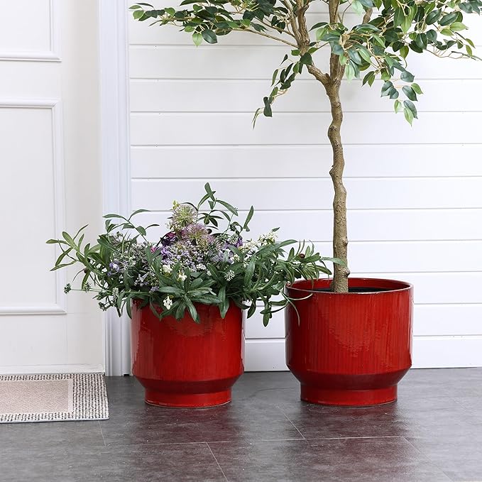 LuxenHome 13" Dia Ceramic Plant Pots, Red Glaze Indoor Outdoor Planter Pot with Drainage Hole and Rubber Plug, Modern Round Large Flower Pot for Home Garden Office or Patio
