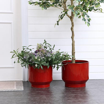 LuxenHome 13" Dia Ceramic Plant Pots, Red Glaze Indoor Outdoor Planter Pot with Drainage Hole and Rubber Plug, Modern Round Large Flower Pot for Home Garden Office or Patio