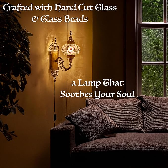 Turkish Moroccan Mosaic Plug-in Wall Sconce Lamp, Handmade Tiffany-Style Glass Globe, Ornate Brass Base, 5.2-ft Cord, Decorative Lighting for Living Room, Bedroom, Dining Room, 15x5 in, Brown & Amber