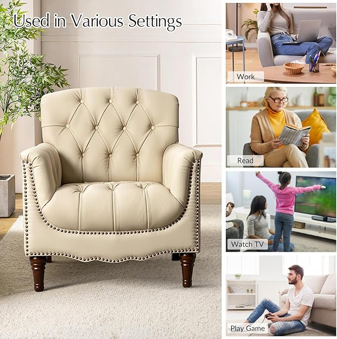 HULALA HOME Mid Century Modern Leather Club Chairs Set of 2, Top-Grain Genuine Leather Armchairs with Button-Tufted Back & Solid Wood Legs, Accent Chairs for Living Room/Bedroom/Home Office, Beige