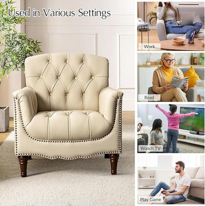 HULALA HOME Mid Century Modern Leather Club Chairs Set of 2, Top-Grain Genuine Leather Armchairs with Button-Tufted Back & Solid Wood Legs, Accent Chairs for Living Room/Bedroom/Home Office, Beige