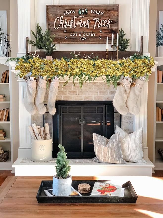 3 Pcs 6FT Christmas Garland Gold Glittered Artificial Holly Leaves for Christmas Tree Decorations Indoor Outdoor Hanging Garland Ornaments Home Decor Garden Door Wall Window Stair Holiday Decoration