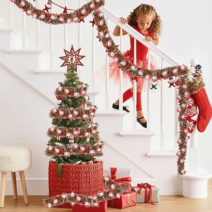 50FT Red Green Christmas Tinsel Garland with Santa Claus Ornaments, Metallic Twist Shiny Xmas Garland for Tree Decorations Fireplace Mantel Home Office Stair Party Outdoor Indoor Holiday Decor