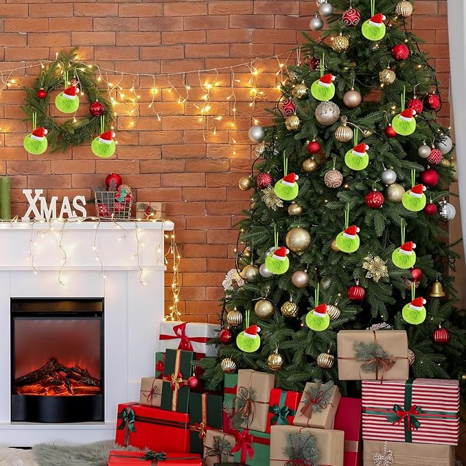 ASTARON 12 Pcs Christmas Lime Green Furry Ball Ornaments for Christmas Tree Decorations Soft Faux Fur Pom Pom Ball Ornaments for Fireplace Mantel Wall Xmas Decor Party Supplies