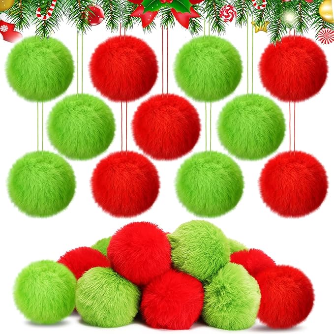 Gejoy 12 Pcs Red and Green Furry Christmas Ball Ornaments for Tree Red and Green Christmas Hanging Decorations Soft Faux Fur Pom Pom Ball Ornaments for Home Party Supplies Fireplace Mantel Wall Decor