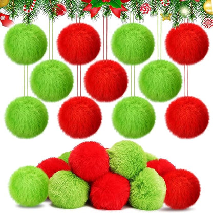 Gejoy 12 Pcs Red and Green Furry Christmas Ball Ornaments for Tree Red and Green Christmas Hanging Decorations Soft Faux Fur Pom Pom Ball Ornaments for Home Party Supplies Fireplace Mantel Wall Decor