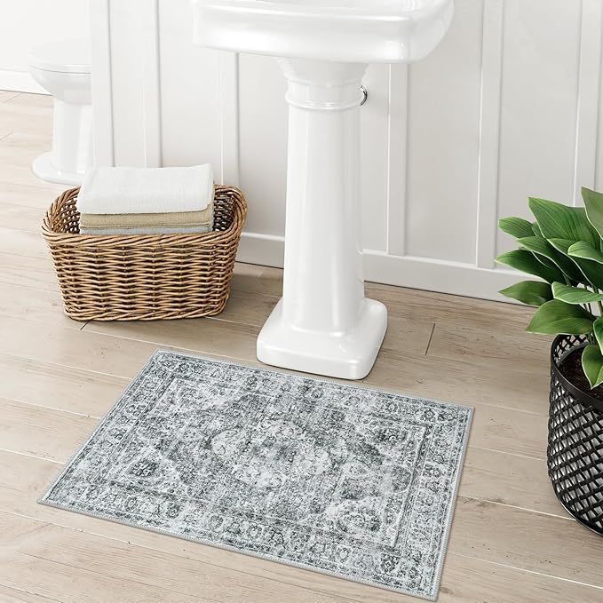 Uphome Gray Bath Mat, Distressed Farmhouse Boho Bathroom Rugs, Super Cozy Velvet Small Bathroom Mats, Non Slip Machine Washable Bathroom Floor Mat for Toilet Sink Shower, 18x26 inch