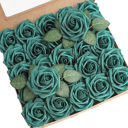 Floroom Artificial Flowers 25pcs Real Looking Dark Teal Foam Fake Roses with Stems for DIY Wedding Bouquets Bridal Shower Centerpieces Floral Arrangements Party Tables Home Decorations