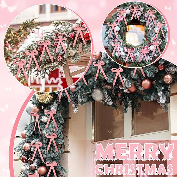 12 Pcs 2025 Metal Christmas Bow Ornaments for Christmas Tree Garland Wreath Bulk Bow with Clip Ornament Vintage Indoor Outdoor Home Xmas Party Decorations, 4 x 5 Inches (Pink)