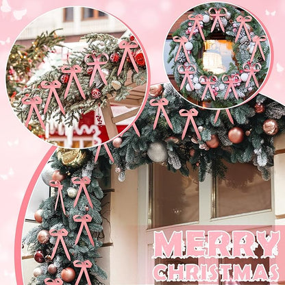 12 Pcs 2025 Metal Christmas Bow Ornaments for Christmas Tree Garland Wreath Bulk Bow with Clip Ornament Vintage Indoor Outdoor Home Xmas Party Decorations, 4 x 5 Inches (Pink)