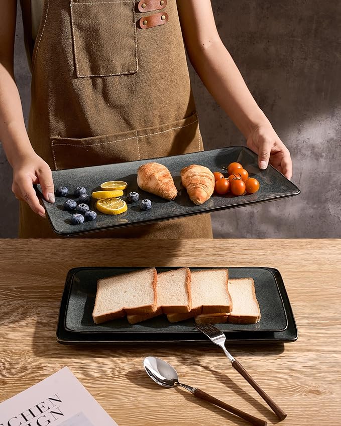 famiware Serving Platter, Rectangular 15.67/14.1/12.6inch Serving Dishes for Entertaining, Dishwasher Safe, Stoneware for Party, Food, Turkey, Snack, Cheese, Reactive Glaze, Deep Forest