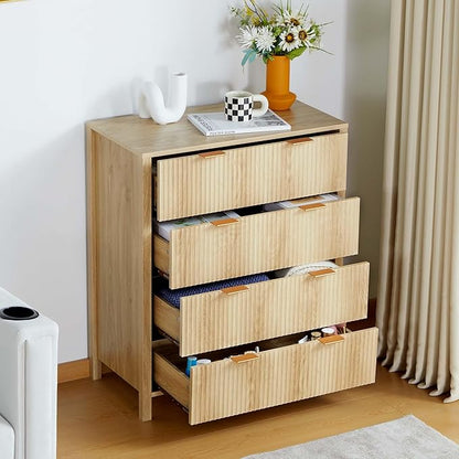 4 Drawer Dressers for Bedroom, Modern Closet Chest of Drawers with Waveform Fluted Panel, Large Wood Storage Dresser Organizer for Nursery Bedroom Living Room Hallway Closet, Natural