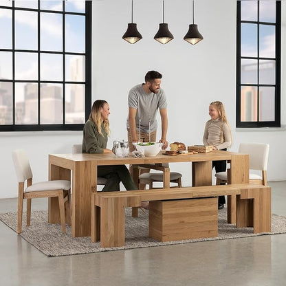 Transformer Table Expandable Dining Table Set for 4 to 12, Kitchen Table and Chairs Set of 4 & Dining Bench, Extendable Dining Room Table with Extending Table Panels, Stackable Chairs & Wood Bench