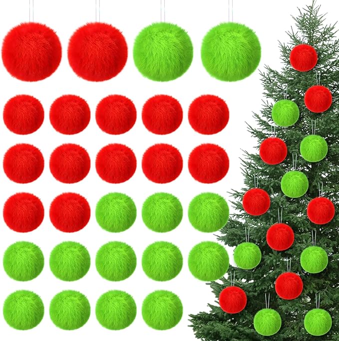 12Pcs Furry Christmas Ball Ornament for Xmas Tree Red Green Soft Faux Fur Pom Pom Ball Ornaments Green Christmas Tree Hanging Decorations for Winter Party Home Decor Costume Supplies