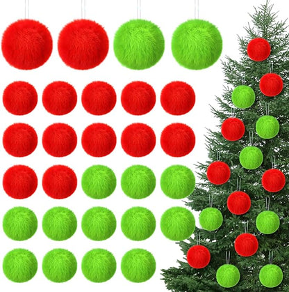 12Pcs Furry Christmas Ball Ornament for Xmas Tree Red Green Soft Faux Fur Pom Pom Ball Ornaments Green Christmas Tree Hanging Decorations for Winter Party Home Decor Costume Supplies