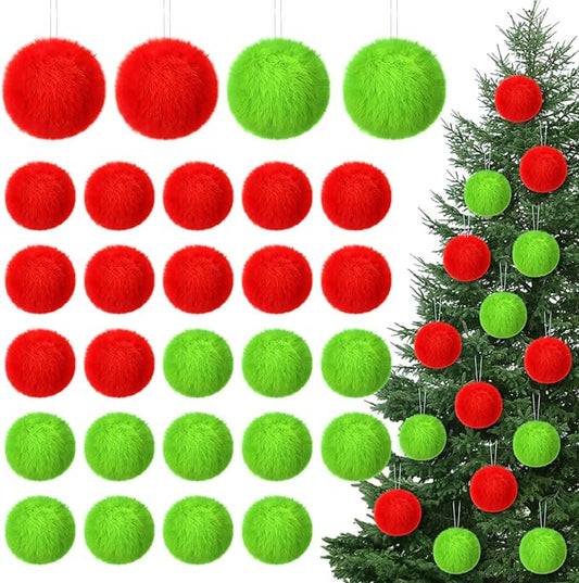 12Pcs Furry Christmas Ball Ornament for Xmas Tree Red Green Soft Faux Fur Pom Pom Ball Ornaments Green Christmas Tree Hanging Decorations for Winter Party Home Decor Costume Supplies