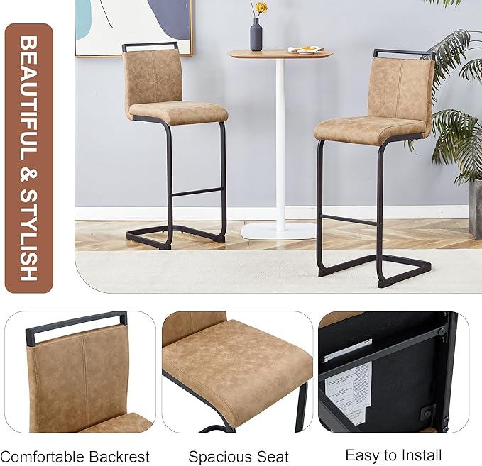 Bar Stools Set of 6, 30" H Counter Height Bar Stools with Footrest, Brown Faux Leather, Black Painted Metal Leg Dining Chair