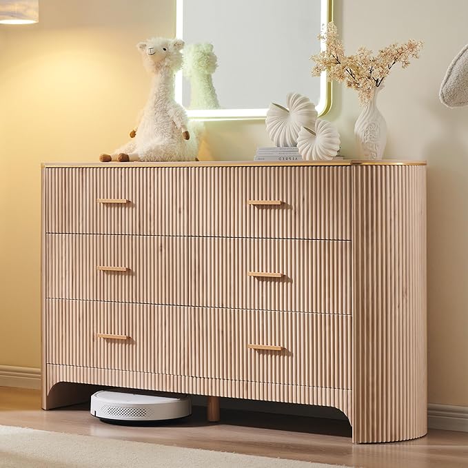 Fluted 6 Drawer Dresser for Bedroom with Curved Profile Design,53.9" W Chest of Drawers with Reeded Texture,Wide Storage Cabinet with Smooth-Glide Drawers,gold metal handle or Living Room,Light Oak