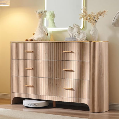 Fluted 6 Drawer Dresser for Bedroom with Curved Profile Design,53.9" W Chest of Drawers with Reeded Texture,Wide Storage Cabinet with Smooth-Glide Drawers,gold metal handle or Living Room,Light Oak