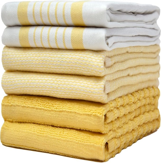 Premium Kitchen Towels 6 Pack Large Cotton Flat Terry Absorbent Tea Towels with Hanging Loop Yellow Striped 20x28